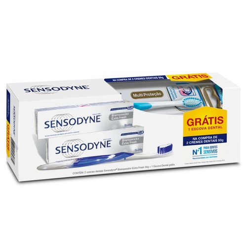 Kit Sensodyne Creme Dental Branqueador Extra Fresh 50g 2 Unidades Grátis Escova Dental Sensodyne Multi Proteção