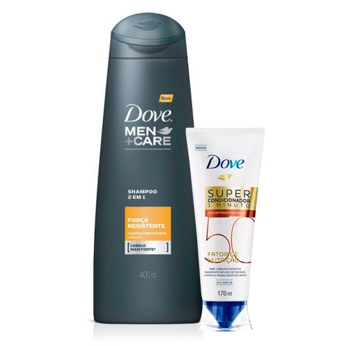Kit Shampoo Dove Men 2 em 1 Força Resistente 400ml + Super Condicionador Dove 1 Minuto Fator de Nutrição 50 Nutritivo 170ml