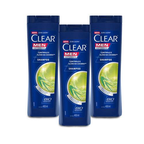 Kit 3 Shampoos Anticaspa Clear Men Controle e Alívio da Coceira 400ml - Leve 03 Pague 02