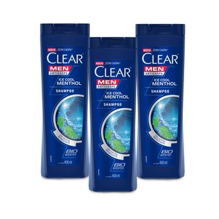 Kit 3 Shampoos Anticaspa Clear Men Ice Cool Mentol 400ml - Leve 03 Pague 02