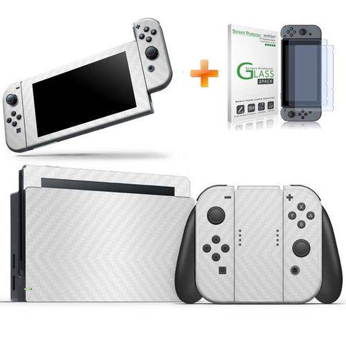 Kit Skin Adesivo Protetor 4D Fibra de Carbono Nintendo Switch + Película de Vidro (Branco)