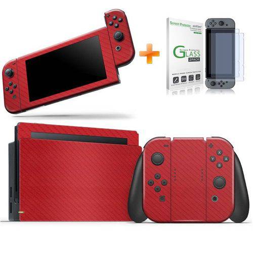 Kit Skin Adesivo Protetor 4D Fibra de Carbono Nintendo Switch + Película de Vidro (Vermelho)