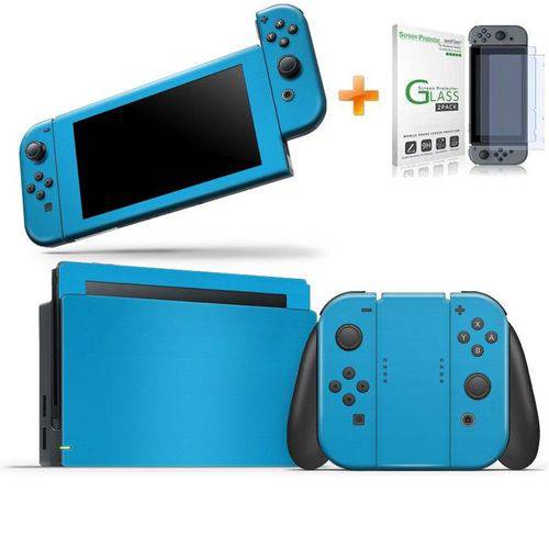 Kit Skin Adesivo Protetor Nintendo Switch + Película de Vidro (Azul Claro)