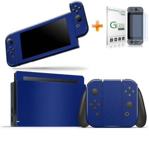 Kit Skin Adesivo Protetor Nintendo Switch + Película de Vidro (Azul Escuro)