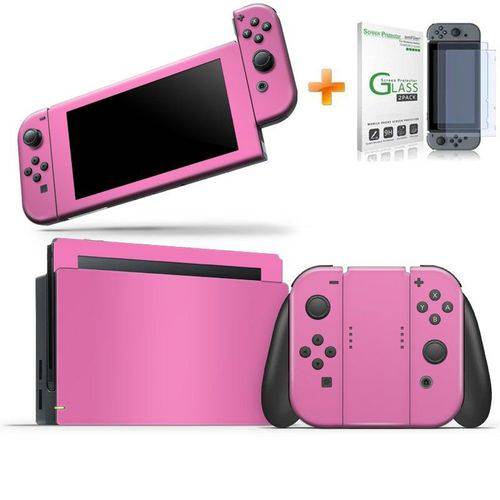 Kit Skin Adesivo Protetor Nintendo Switch + Película de Vidro (Rosa)