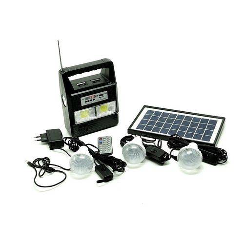 Kit Solar de Emergência Completo Gerador Painel Solar Luminária + 3 Lampadas Bulbo Led Radio USB Mp3