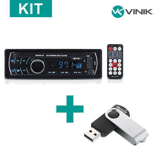 Kit Som Automotivo Auto Rádio Mp3 Player USB/Sd/Fm/Aux/Bluetooth 4x45w com Controle Remoto Amp800-Bt + Pen Drive 8gb Twist2 Pd587 Preto e Prata