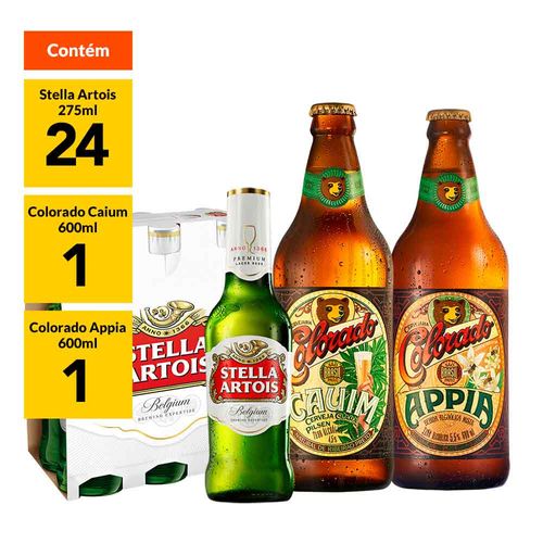 Kit Stella Colorado - 4 Packs Stella Artois 275ml (24 Unidades) + Colorado Cauim 600ml + Colorado Appia 600ml