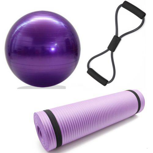Kit Tapete Yoga + Elástico Extensor 8 + Bola Suiça com Bomba