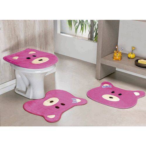 Kit Tapetes de Banheiro Ursinha Antiderrapante 3 Peças - Pink