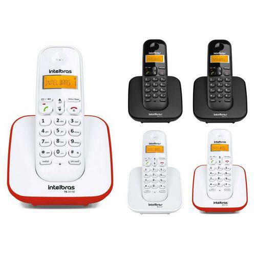 Kit Telefone Sem Fio Ts 3110 + 4 Ramal Intelbras Branco , Preto e Vermelho