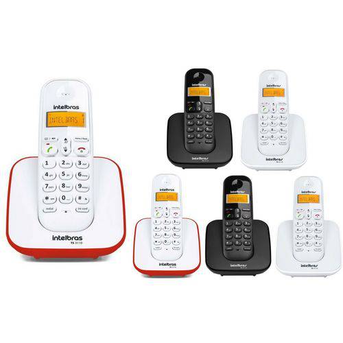 Kit Telefone Sem Fio Ts 3110 + 5 Ramal Intelbras Branco , Preto e Vermelho