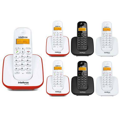 Kit Telefone Sem Fio Ts 3110 + 6 Ramal Intelbras Branco , Preto e Vermelho