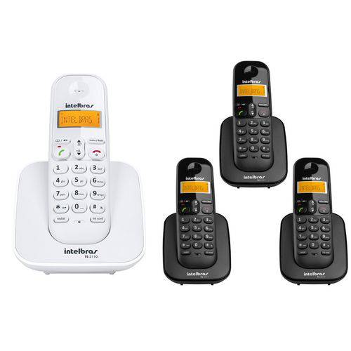 Kit Telefone Sem Fio TS 3110 Branco + 3 Ramal TS 3111 Preto Intelbras