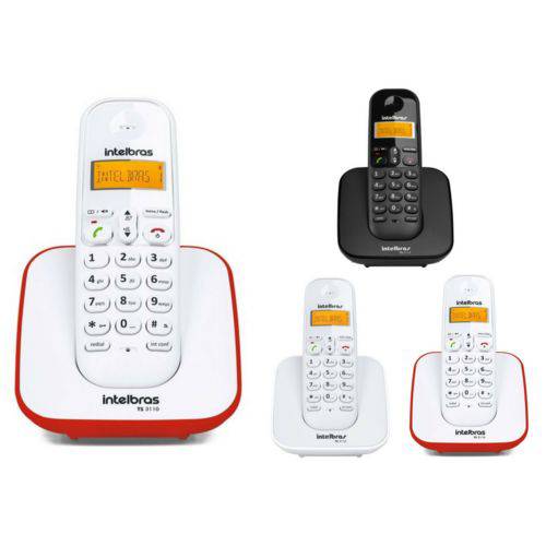 Kit Telefone Sem Fio Ts 3110 + 3 Ramal Intelbras Branco , Preto e Vermelho