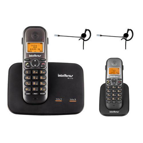 Telefone Sem Fio Ts 5150 + Ramal Ts 5121 Viva Voz Dect 6.0 Preto + 2 Headset Fone Hc 10 Intelbras