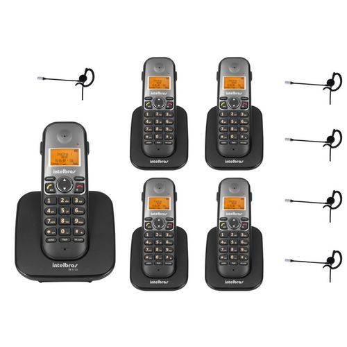 Telefone Sem Fio Ts 5120 + 4 Ramal Ts 5121 Viva Voz Dect 6.0 Preto + 5 Headset Fone Hc 10 Intelbras