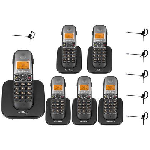 Telefone Sem Fio Ts 5120 + 5 Ramal Ts 5121 Viva Voz Dect 6.0 Preto + 6 Headset Fone Hc 10 Intelbras