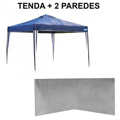 Kit Tenda Gazebo Azul Base e Topo 3x3 M + 2 Paredes Brancas Sem Janelas