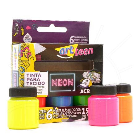 Kit Tintas para Tecido Acrilex: 6 Tintas Cores Neon 15ml