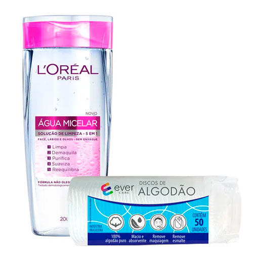Kit Tônico de Limpeza Facial L'Oréal Água Micelar 200ml + Discos de Algodão Ever Care 50 Unidades