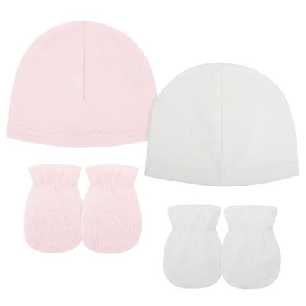 Kit: 2 Toucas + 2 Pares de Luvas para Bebê em Tricot Branca/Rosa - Petit