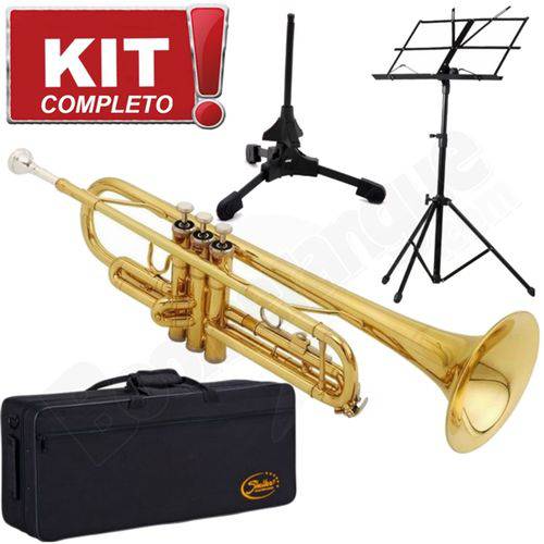 Kit Trompete Shelter Sft6418l Si Bemol Laqueado Dourado Estojo Completo