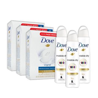 Kit 3UN Desodorante Aerossol Dove Invisible Dry 150ml + 3 Pacotes 8UN Sabonete Dove Branco 90g