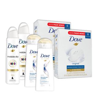 Kit 2UN Dove Invisible Dry 150ml + 2 Pacotes 8UN Sabonete Dove + 2UN Shampoo Dove Reconstrucao 200ml