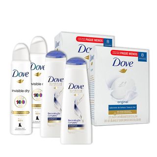 Kit 2UN Dove Invisible Dry 150ml + 2 Pacotes 8UN Sabonete Dove + 2UN Shampoo Dove Reconstrucao 400ml