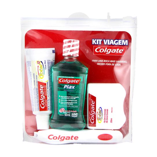 Kit Viagem Colgate com Escova Dental Portable + Fita Dental + Creme Dental + Enxaguante Bucal Plax Fresh Mint
