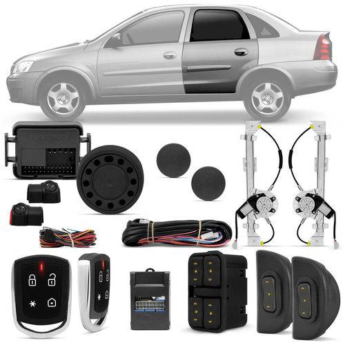 Kit Vidro Elétrico Chevrolet Corsa Hatch Sedan 03 a 12 4p Sensorizado Traseiro + Alarme Pósitron