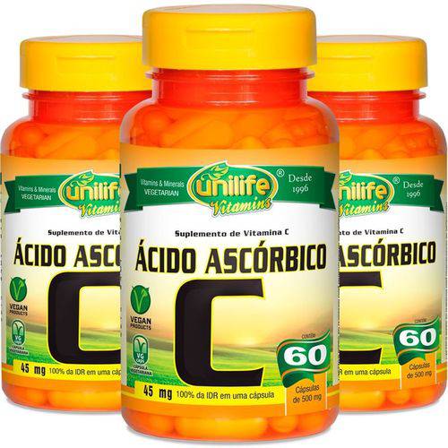 Kit 3 Vitamina C Ácido Ascórbico Unilife 60 Cápsulas