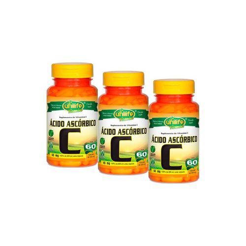 Kit 3 Vitamina C Ácido Ascórbico - Unilife - 60 Cápsulas