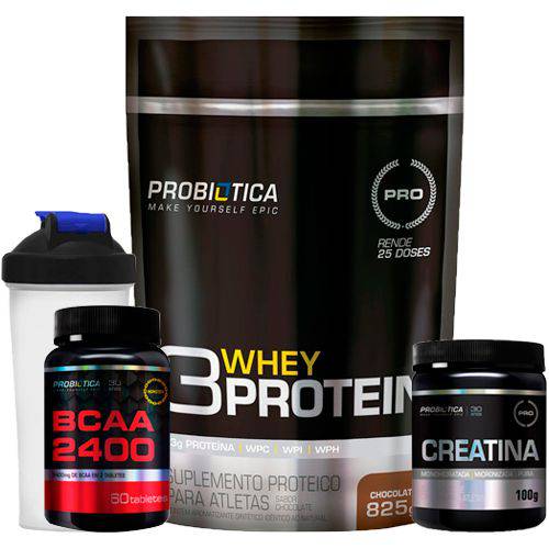 Kit 3 Whey Protein 3w 825g Refil + BCAA 2400 + Creatina 100g + Shaker Probiótica