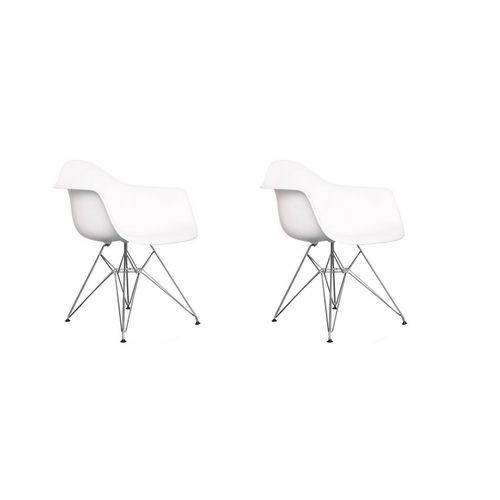 Kit 2x Cadeira Design Eames Eiffel Dar Ray Pes Metal Salas Florida Branca Braços Polipropileno Fratini