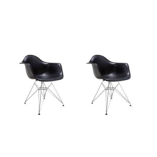 Kit 2x Cadeira Design Eames Eiffel Dar Ray Pes Metal Salas Florida Preto Braços Polipropileno Fratini