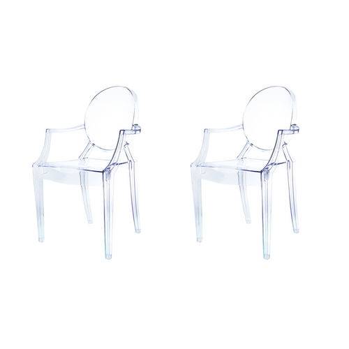 Kit 2x Cadeira Design Louis Ghost Transparente Incolor com Braços Moderna Cozinhas Salas Jantar Versalhes Fratini