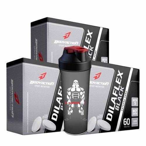 Kit 3x Vasodilatador Dilaflex Black Extreme 180 Tabletes + Shaker Bodyaction