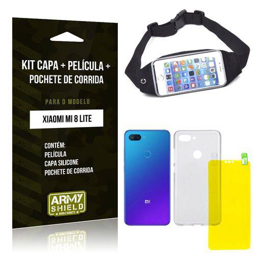 Kit Xiaomi Mi 8 Lite Capa Silicone + Película Gel + Pochete para Corrida - Armyshield