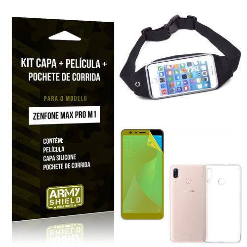 Kit Zenfone Max Pro M1 ZB602KL Capa Silicone + Película Gel + Pochete para Corrida - Armyshield