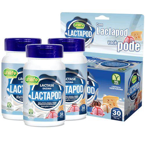 Lactapod Lactase Enzima Intolerância a Lactose 30 Cáps de 450mg Kit com 3