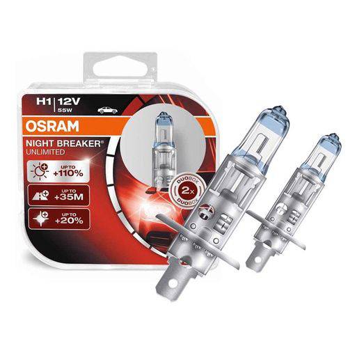 Lâmpada Osram Night Breaker Unlimited H1 Branca Par 3900K 55W +110% Iluminação