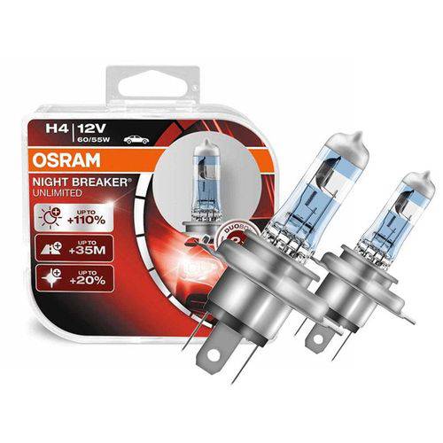 Lâmpada Osram Night Breaker Unlimited H4 Branca Par 3900K 55/60W +110% Iluminação