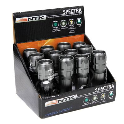 Lanterna de Mão NTK em Alumínio em Caixa com 12 Peças, Modelo Tático, Compacta com Potência de 100 Lúmens Spectra