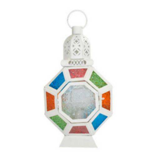 Lanterna Marroquina Decorativa Branca Indiana Vidros Coloridos