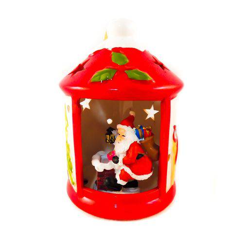 Lanterna Natalina Decorativa com Papai Noel em Cerâmica