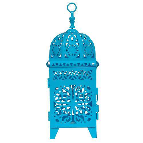 Lanterna Pequena Marroquina Flor New Azul em Metal e Vidro - Urban - 23x11,5 Cm