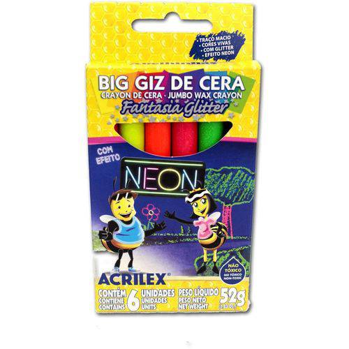 Lápis de Cera Fino Big Gis Neon Gliter 52g 6 Cores Acrilex Pacote com 06