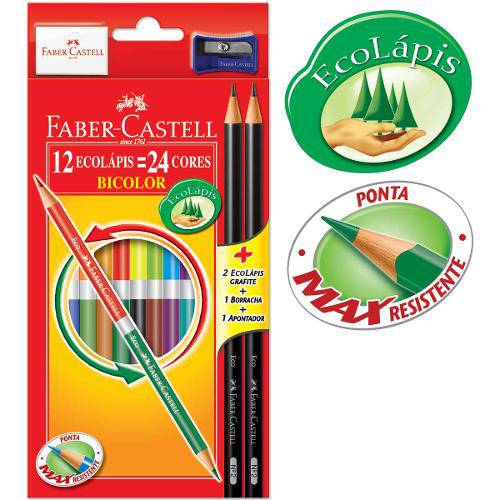 Lápis de Cor 24 Cores Bicolor Faber Castell +Lápis Apontador e Borracha